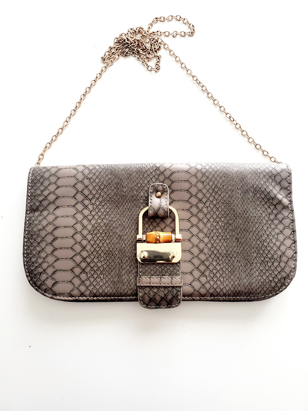 Classic Taupe Snake-Embossed Chain Shoulder Bag